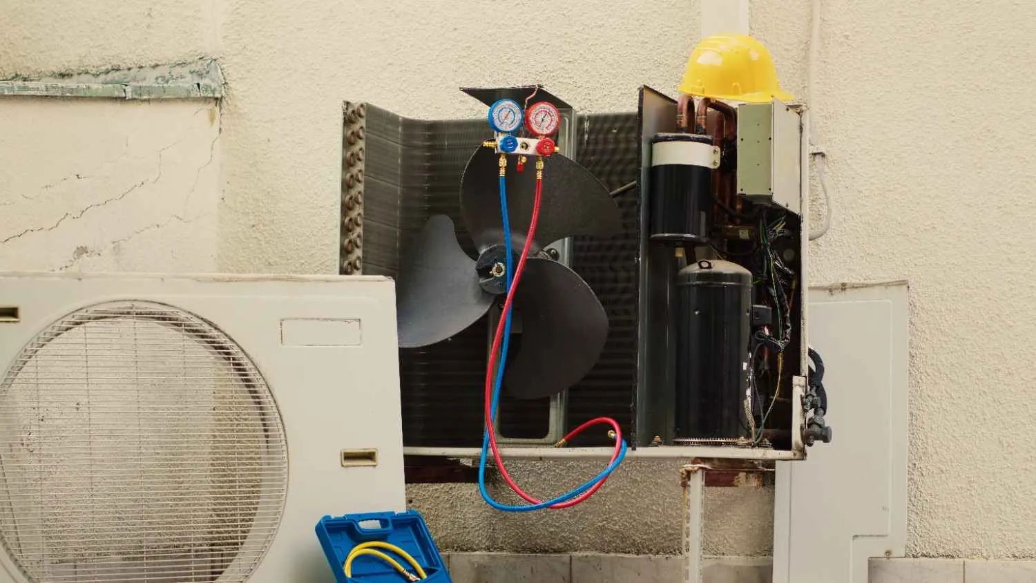 Outdoor air conditioner unit opened up for repair